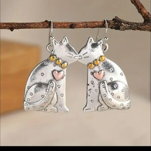 NEW Silver Cat Earrings with Pink and Gold Accents